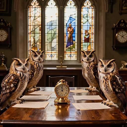 Photograph of three owls with brown and white feathers perched on a wooden desk, flanking a gold clock, with a stained glass window in