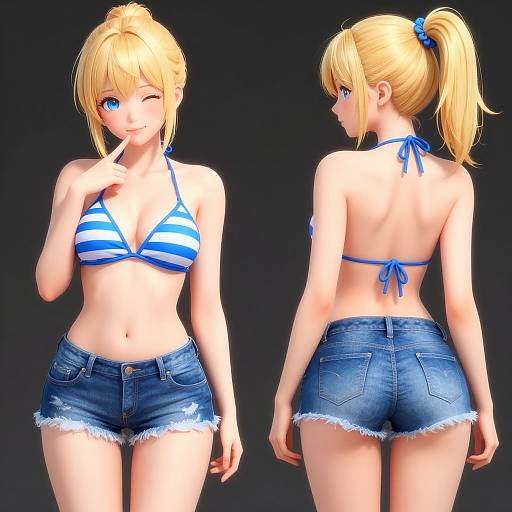 CGI image of a blonde woman with blue eyes, wearing a blue and white striped bikini top and denim cutoff shorts, shown from front and back.