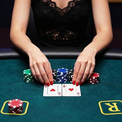 Photograph of a woman with red nails, black lace dress, dealing poker cards over a green felt table with colorful chips.