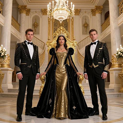 Photograph of a regal scene: a woman in a gold and black gown with black feather sleeves stands between two men in black tuxedos