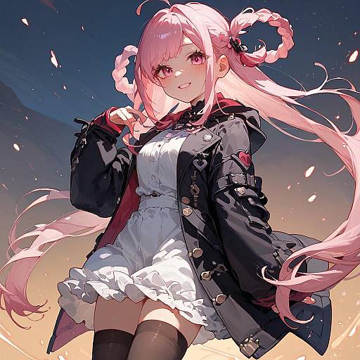 Digital anime artwork of a pink-haired girl with twin braids, wearing a black jacket, white frilled dress, and black thigh-high stockings, standing