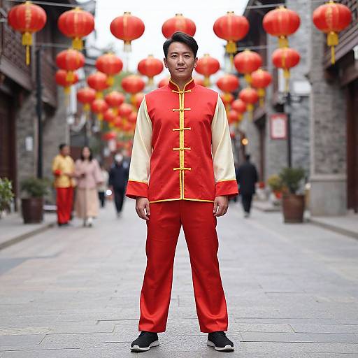 Photograph of an Asian man in traditional red and gold Chinese outfit, standing on a street decorated with red lanterns.