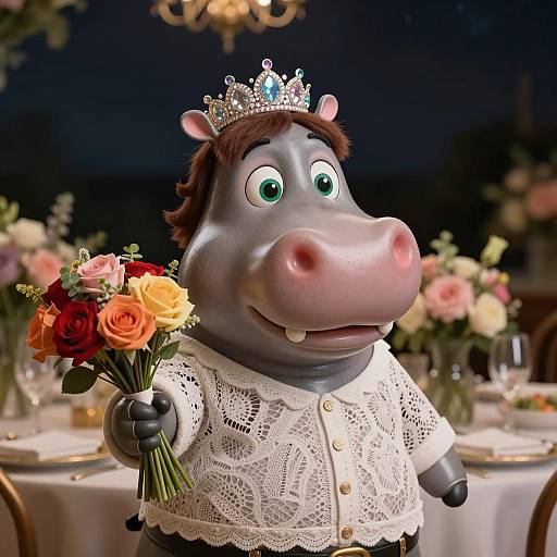 Cartoon Hippo with Bouquet and Lace Shirt