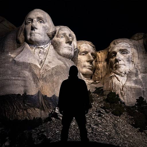 Photograph of a silhouetted person facing enormous, illuminated, monochromatic, realistic portraits of Founding Fathers on a large wall.