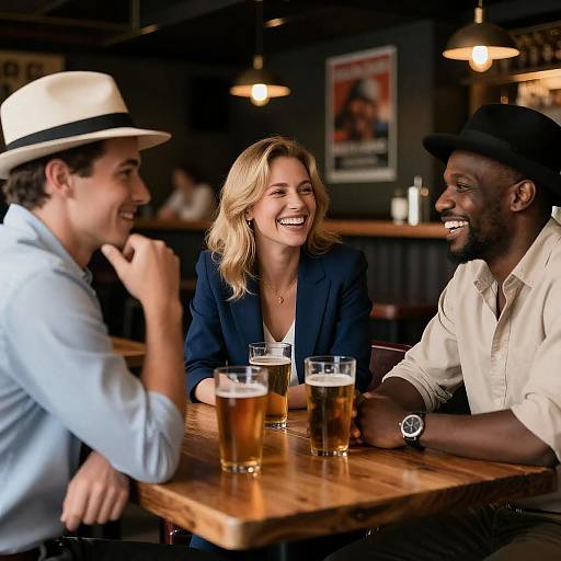 Three Friends Laughing in Dim Bar