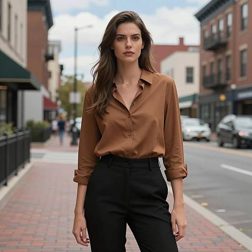 Woman in Brown Blouse on City Street