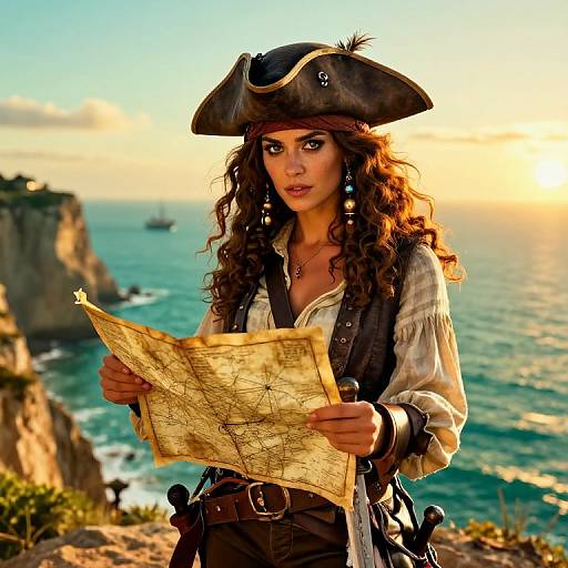 Vibrant Female Pirate on Coastal Cliff