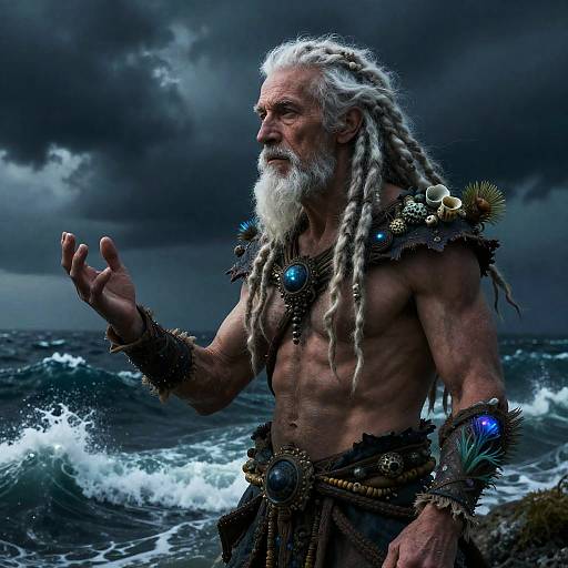 Elderly Celestial Tidecaller Amid Tempest