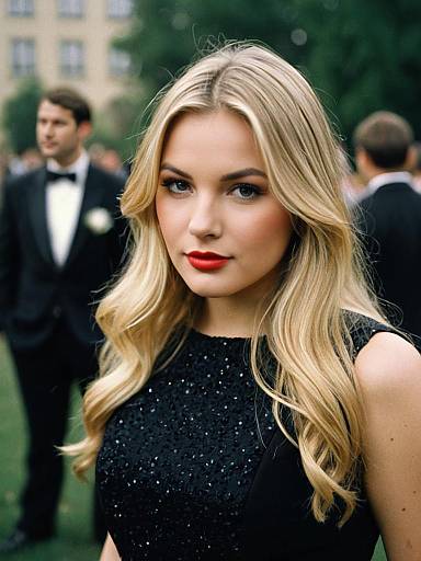 Blonde Woman in Black Dress at Formal Outdoor Event
