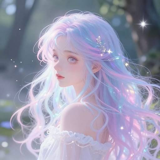 Digital artwork of a delicate, ethereal young woman with long, glowing white and blue hair, surrounded by sparkling lights, in a softly blurred, forest