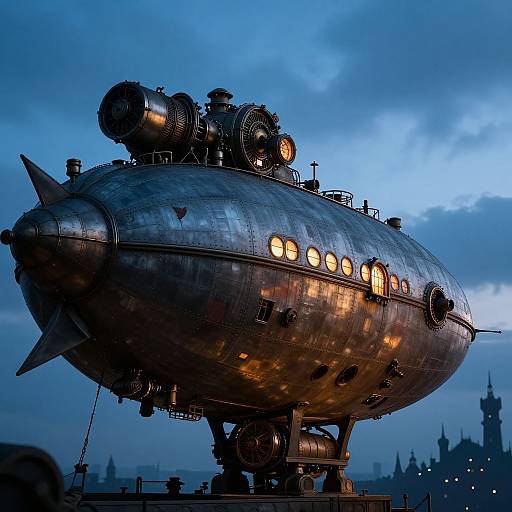 Photograph of a large, metallic, steampunk-style airship with glowing windows and industrial pipes, set against a twilight blue sky and distant castle