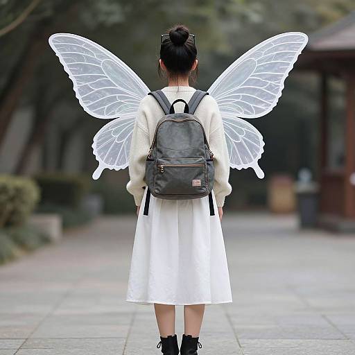Photograph of a woman with black hair in a bun, wearing a white dress, gray backpack, and translucent white butterfly wings, standing on a tiled