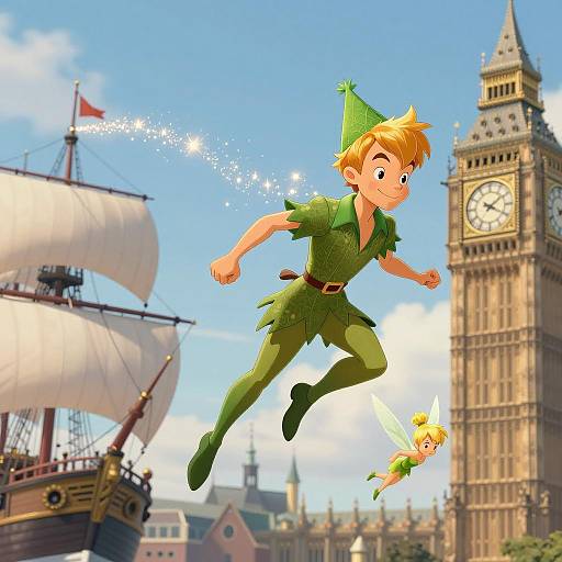 Whimsical Peter Pan in Flight Illustration