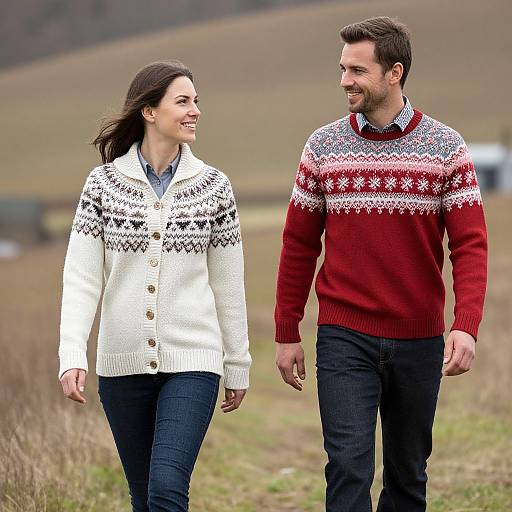 Photograph of a smiling couple walking outdoors; she wears a white patterned cardigan and dark jeans, he wears a red patterned sweater and black