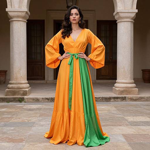 Photograph of a woman with dark curly hair wearing an orange dress with green ribbon, standing in a stone courtyard with arches.