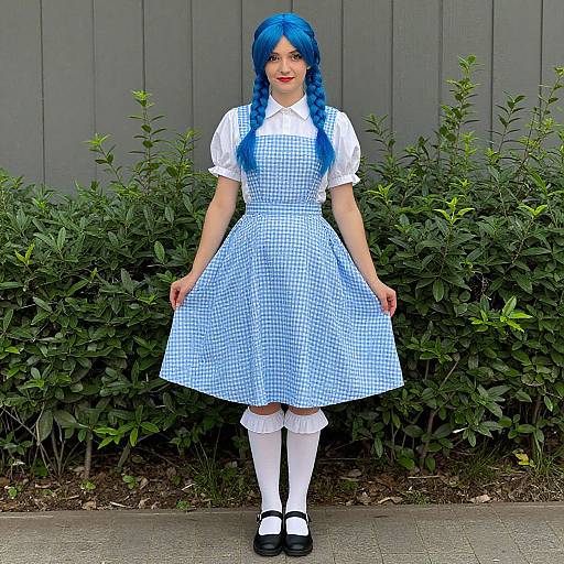 Photograph of a young woman with bright blue braided hair, wearing a blue gingham dress, white blouse, white knee socks, and black Mary