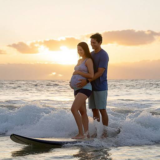 Pregnant Couple Embracing at Maui Surf