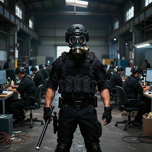 Photograph of a muscular, black-clad male SWAT officer with gas mask, helmet, and tactical gear, standing in a dimly lit, bustling