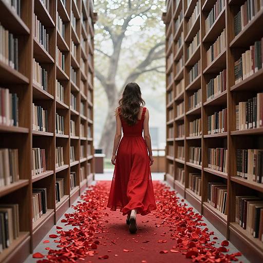 Photograph: Woman with long, wavy brown hair in a red dress walks down a library aisle with red rose petals scattered on the floor, fl