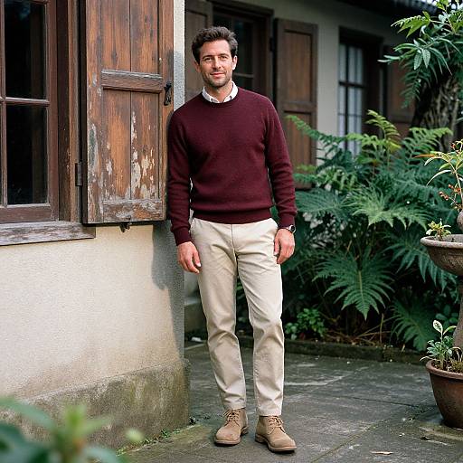 Photograph of a man with short dark hair, wearing a maroon sweater, beige pants, and brown boots, standing outside a rustic building with wooden