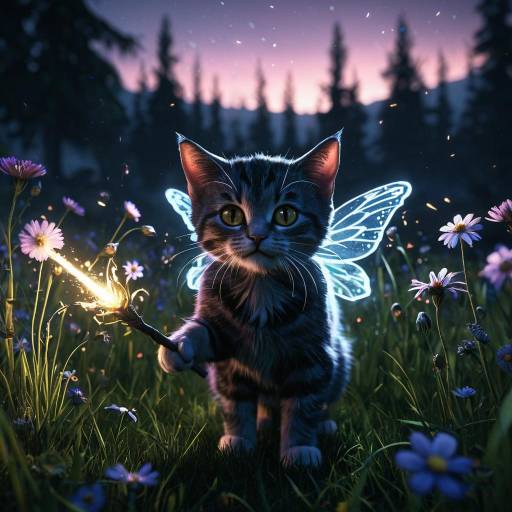 Fairy Kitten with Magic Wand in Twilight Meadow