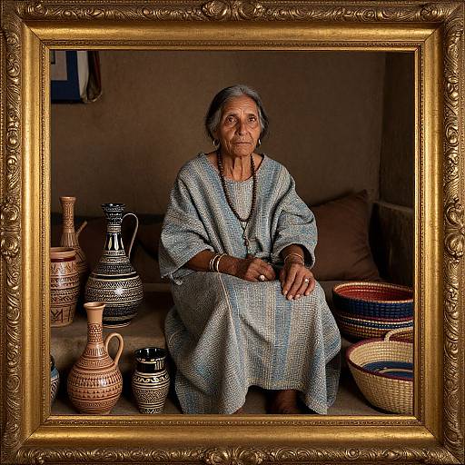 Photograph of an elderly woman with gray hair, wearing a blue patterned dress, sitting among traditional pottery in a dimly lit room, framed in