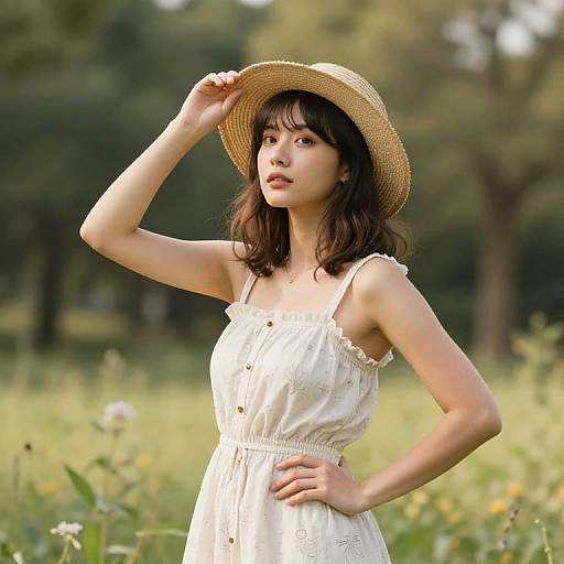 Photograph of an Asian woman with fair skin, wearing a white lace dress and straw hat, standing in a sunny meadow, hand on hip,