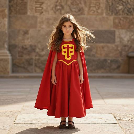 Photograph of a young girl with long brown hair, wearing a red cape and dress with a yellow and red emblem, standing in front of a stone