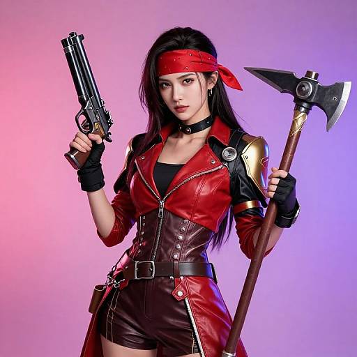 Photograph of an Asian woman with long black hair, red headband, red leather jacket, black top, holding gun and axe, purple-pink