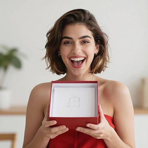 Smiling Woman in Red Dress Holding Box