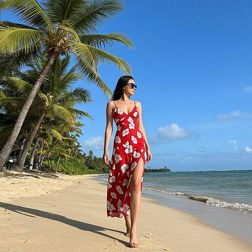 Photograph of a woman with long dark hair, wearing a red floral sundress and sunglasses, walking on a sunny tropical beach with palm trees and clear
