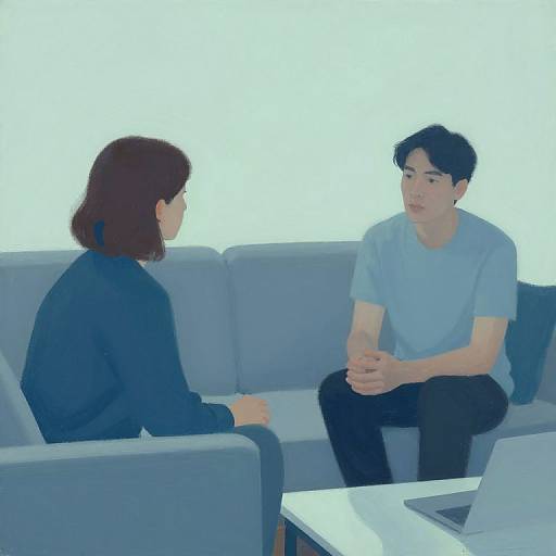 Photograph of a casual office interview: Asian man in light blue shirt and black pants seated on gray couch, facing woman in dark blue blazer,