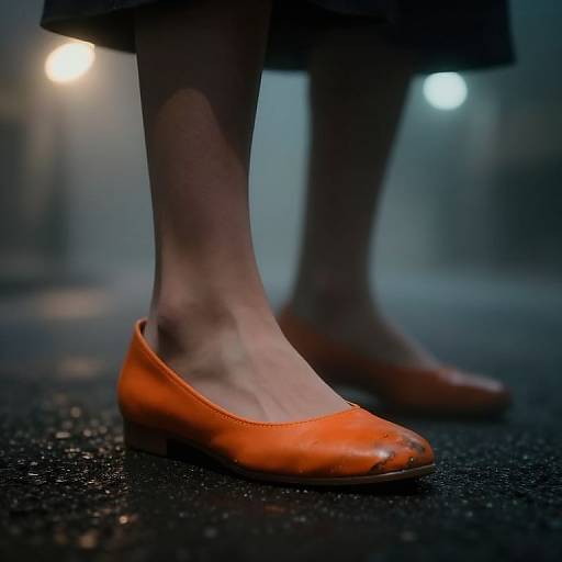 Photograph of a person's legs in orange, slightly worn, flat shoes standing on a wet, dark, urban street at night. Blurred street
