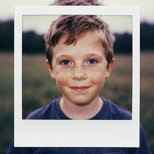 Photograph of a young boy with freckles, blue eyes, and short brown hair, wearing a dark shirt, in a blurred outdoor field.