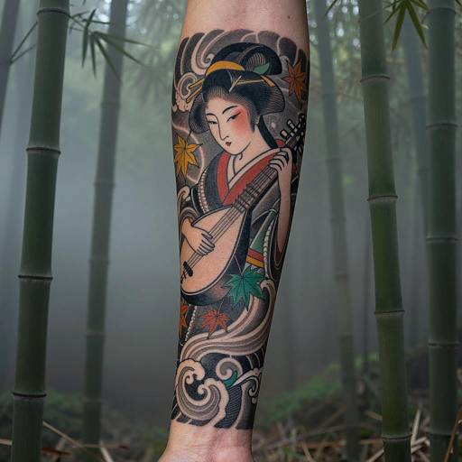 Elegant Geisha Tattoo in Bamboo Forest