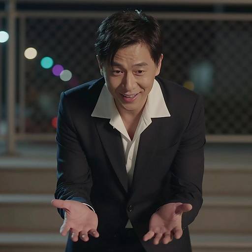 Man in Dark Suit Gesturing with Hands