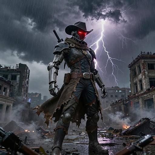 Cyborg cowboy in stormy, ruined city, lightning illuminating his red-eyed helmet. Worn armor, tattered coat, sword on back.