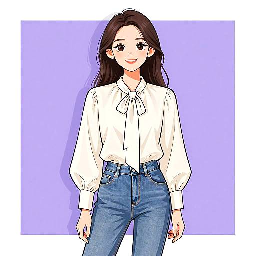 Digital anime-style drawing of a smiling young woman with long brown hair, wearing a white blouse with a bow and blue high-waisted jeans, against
