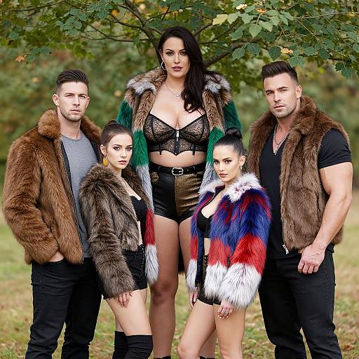 Photograph of five stylish individuals: two men and three women, wearing fur jackets, black lace lingerie, and bold colors, standing outdoors.