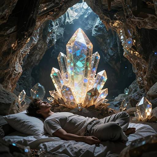 Young Man Meditating in Glowing Crystal Cave
