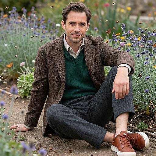 Photograph of a middle-aged man with short brown hair, wearing a brown tweed blazer, green sweater, and brown pants, sitting on a