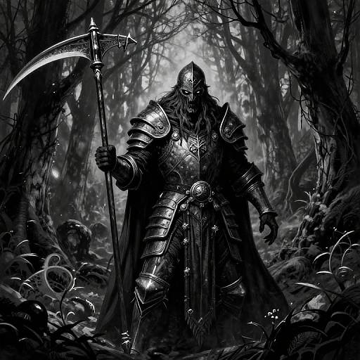 Dark fantasy digital illustration of a menacing, armored figure with a scythe in a shadowy, eerie forest, surrounded by floating orbs.