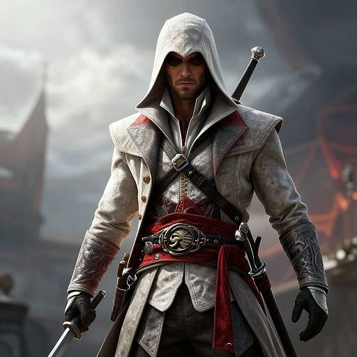 Photorealistic CGI of a muscular, hooded, dark-eyed man in a gray, blood-stained cloak, holding a sword, standing in a