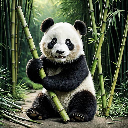 Joyful Panda Cub Holding Bamboo