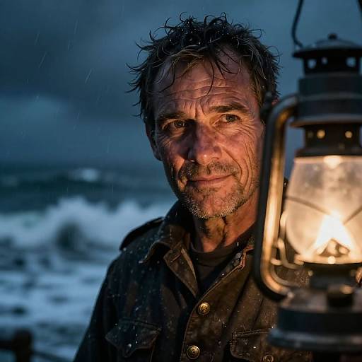 Photograph of a weathered, bearded man with wet hair, holding a glowing lantern in a stormy, dark blue night seascape.