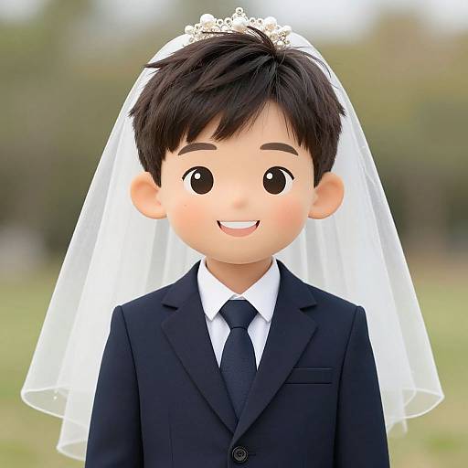 Cartoon-style image of a smiling young boy in a black suit, white shirt, black tie, and white veil with a small tiara. Bl