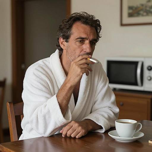 Contemplative Man in Bathrobe at Table