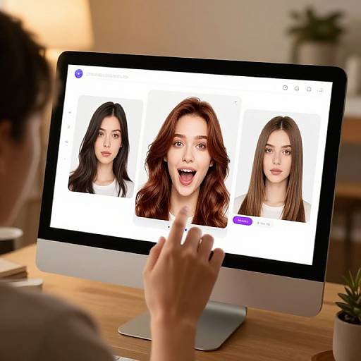 Photograph of a person's hand clicking on a computer screen displaying three attractive women's faces with varying hair colors and styles.