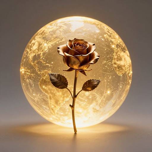 Photograph of a brown rose with two leaves, illuminated by a glowing, golden-hued, translucent globe in the background.