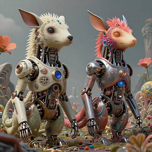Digital artwork of two robotic, anthropomorphic creatures with animal heads, white and pink fur, adorned with blue and red lights, sitting in a colorful,